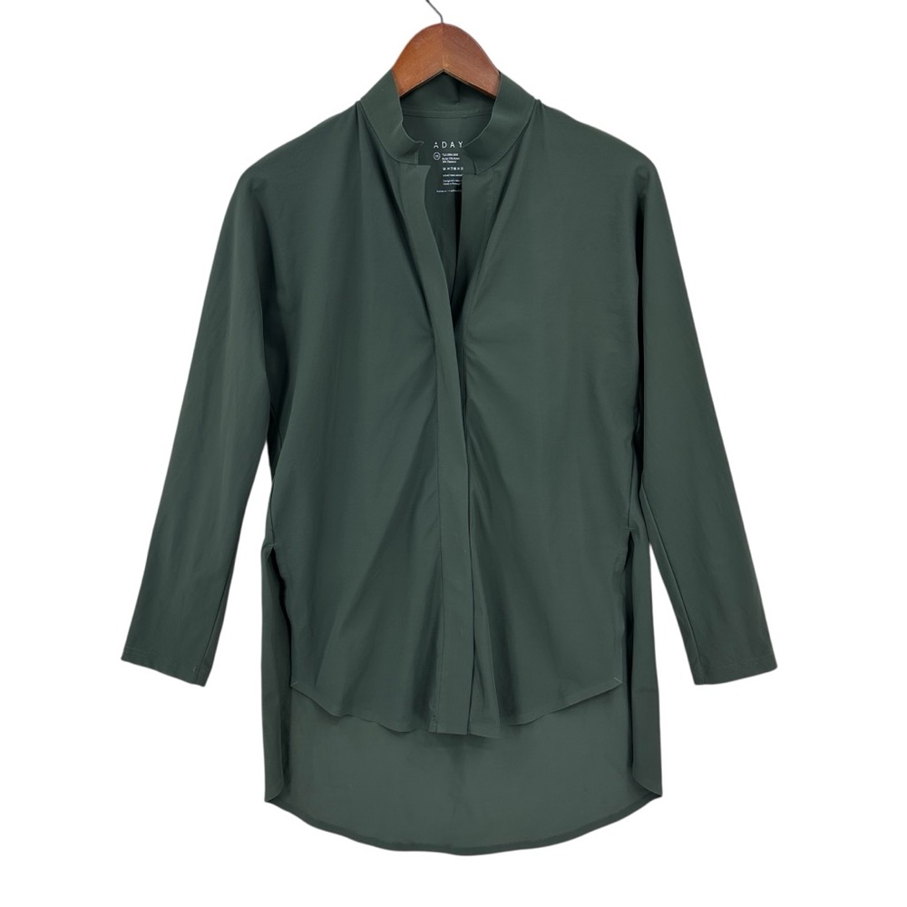 ADAY Something Borrowed Hi Low Hem Stretch Long Sleeve Shirt Green